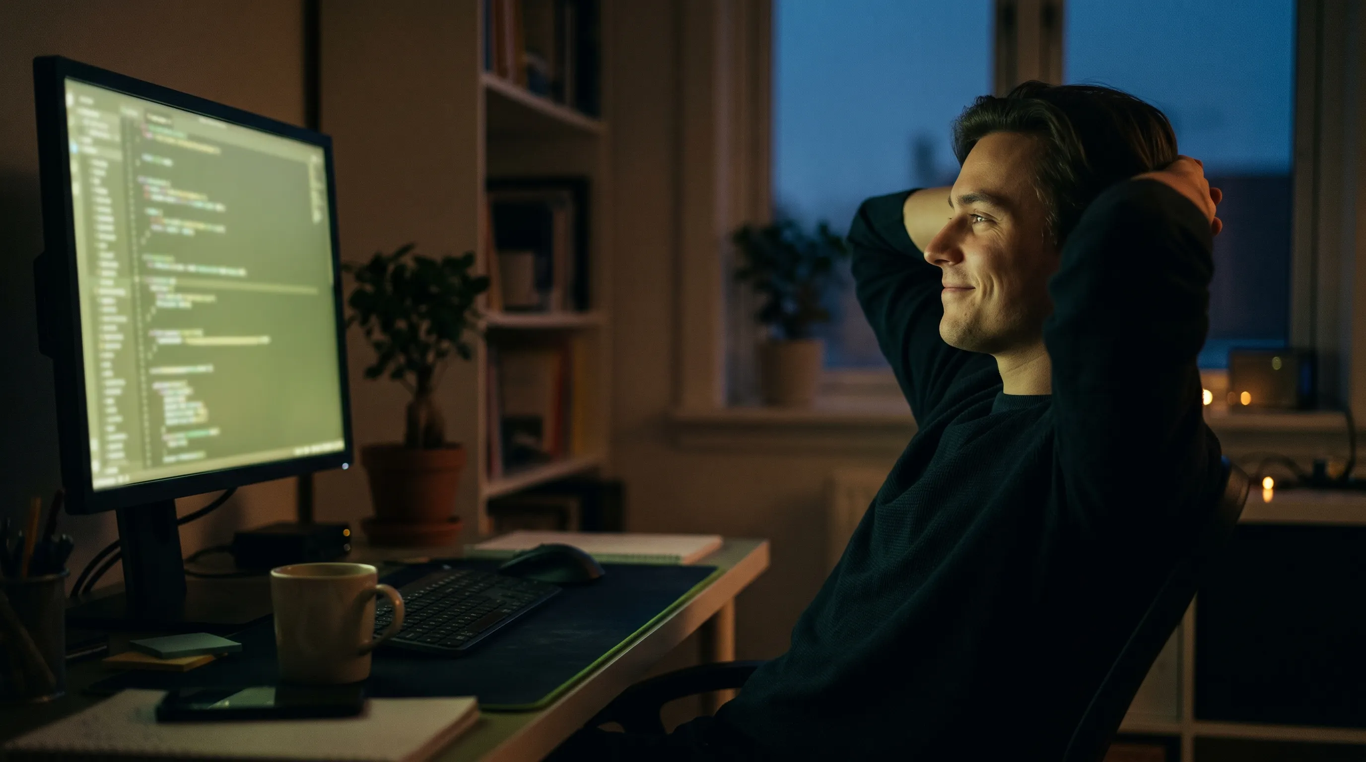 Homem feliz reclinado na cadeira vendo um código na tela do computador
