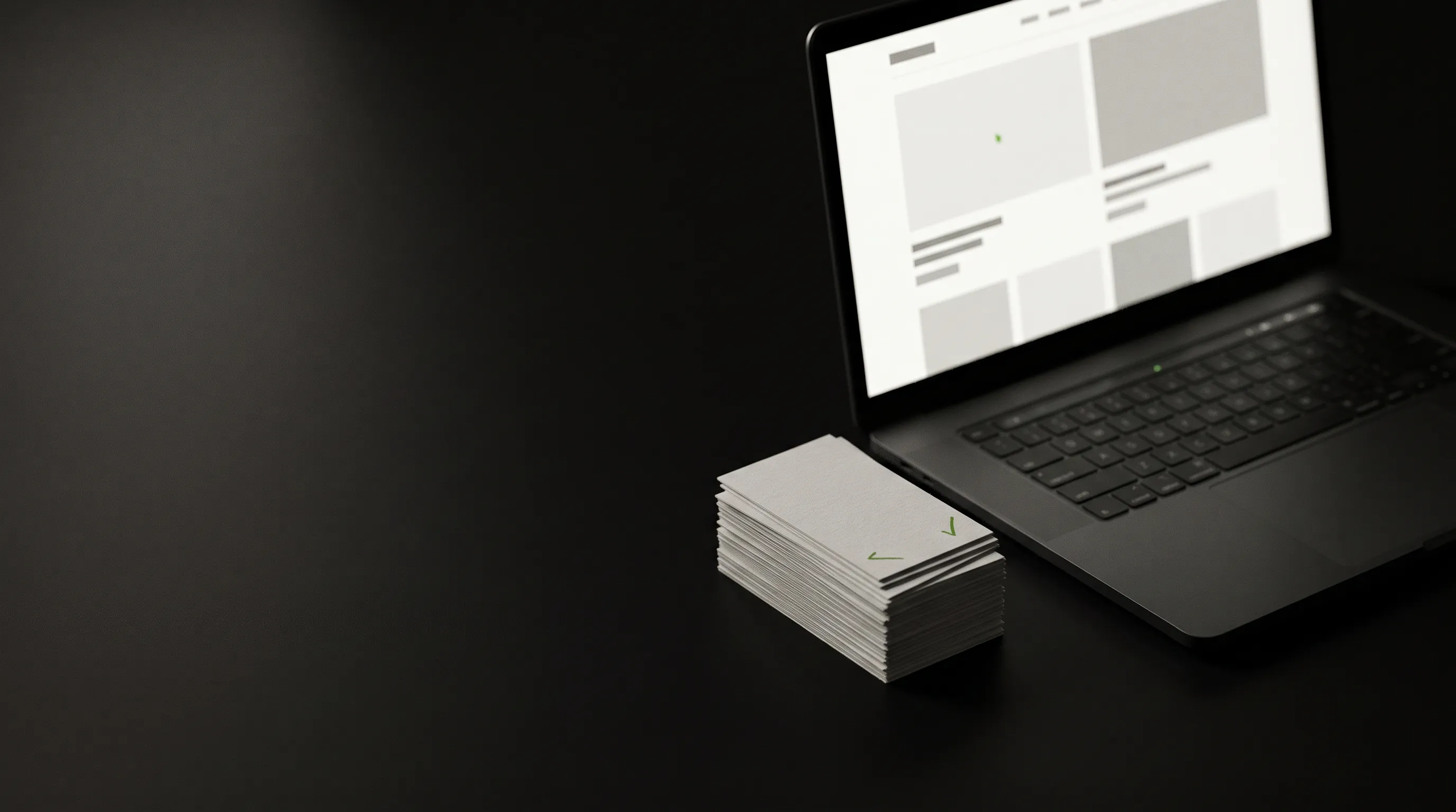 Notebook com o wireframe de um site aberto na tela, ao lado de uma pilha de cartões de visita, sobre uma mesa escura